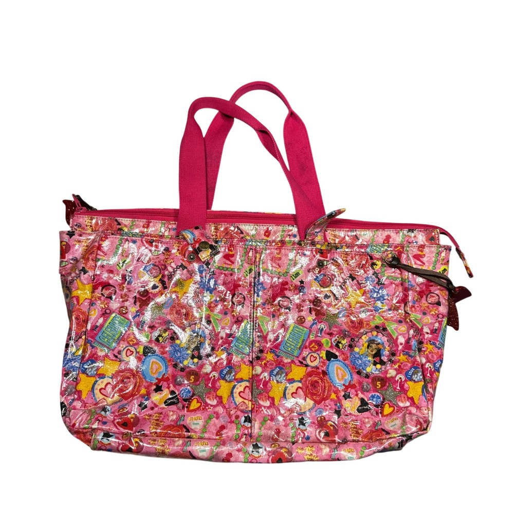 Fiorucci Pink Collage Print Glossy Tote Bag Y2K Angel Logo Canvas Handles